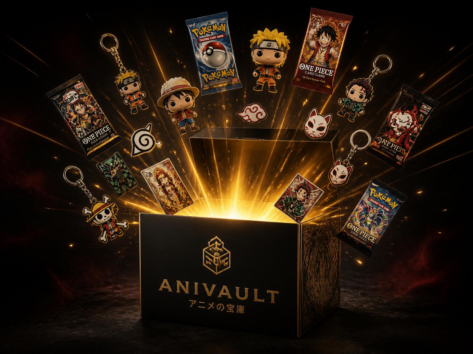 A luxury AniVault mystery box opening with golden light, releasing booster packs, collectible figures, pins and coins